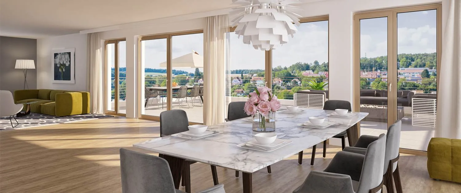 3D Rendering einer modern eingerichteten Neubauwohnung