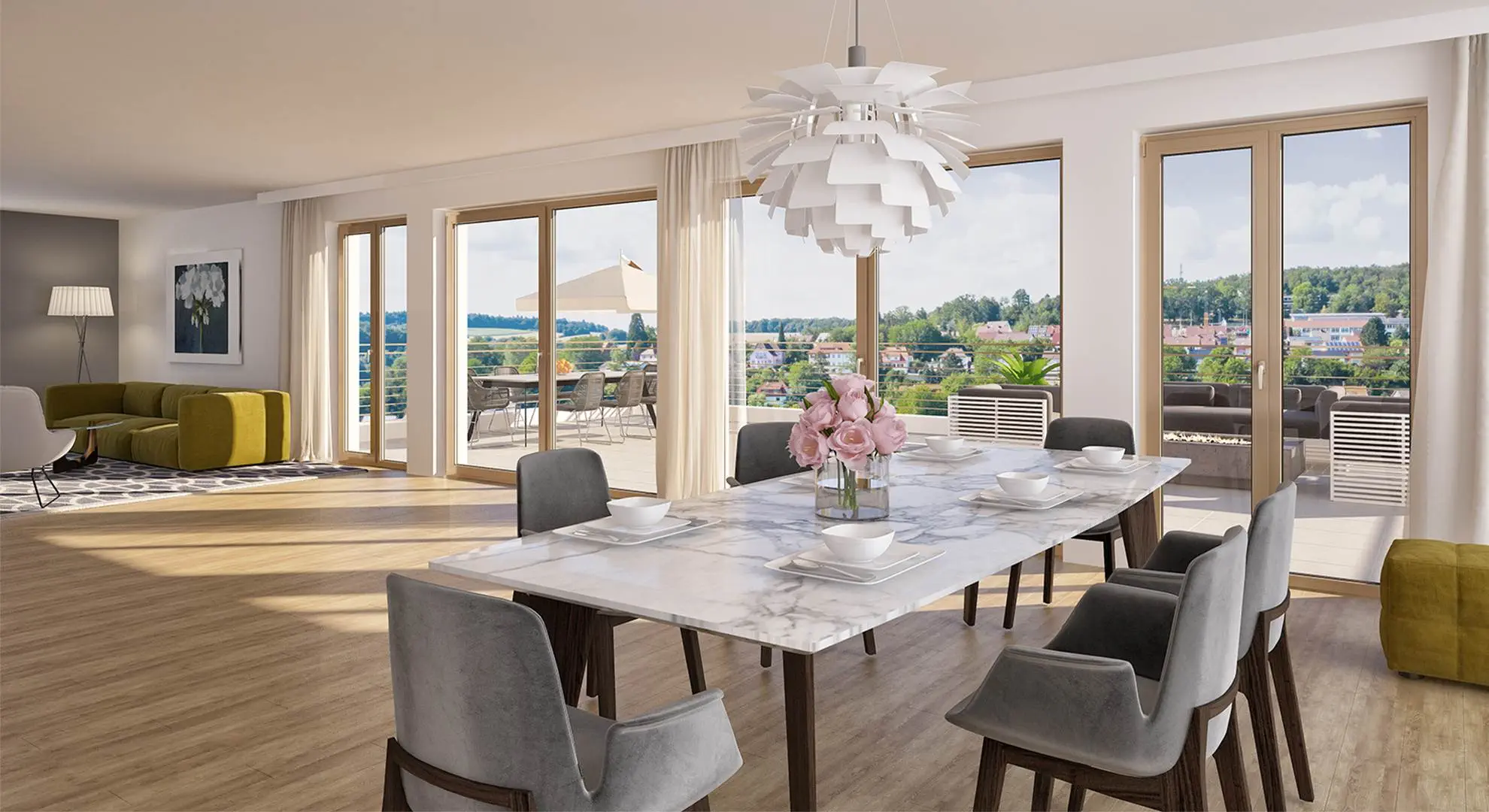3D Rendering einer modern eingerichteten Neubauwohnung