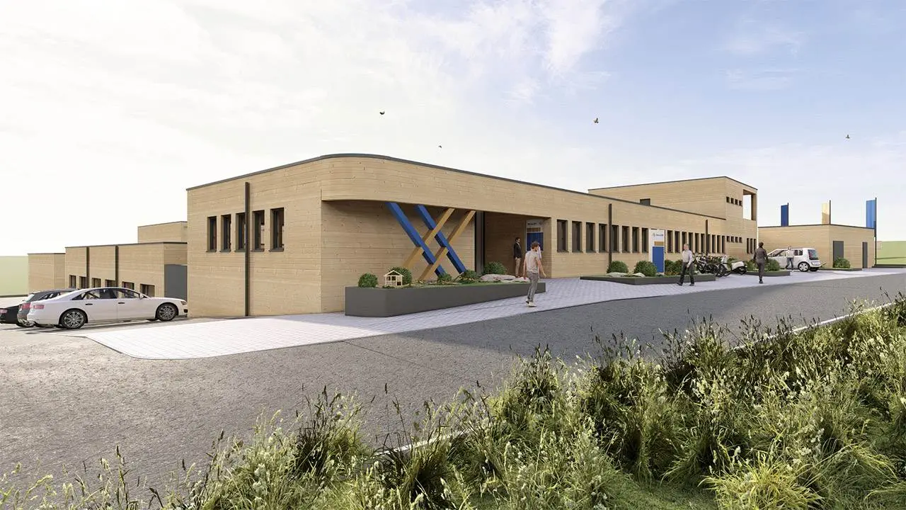 3D-Rendering eines Betriebshof mit Holzfassade eines Energieversorgers aus der Frontalansicht links unten.