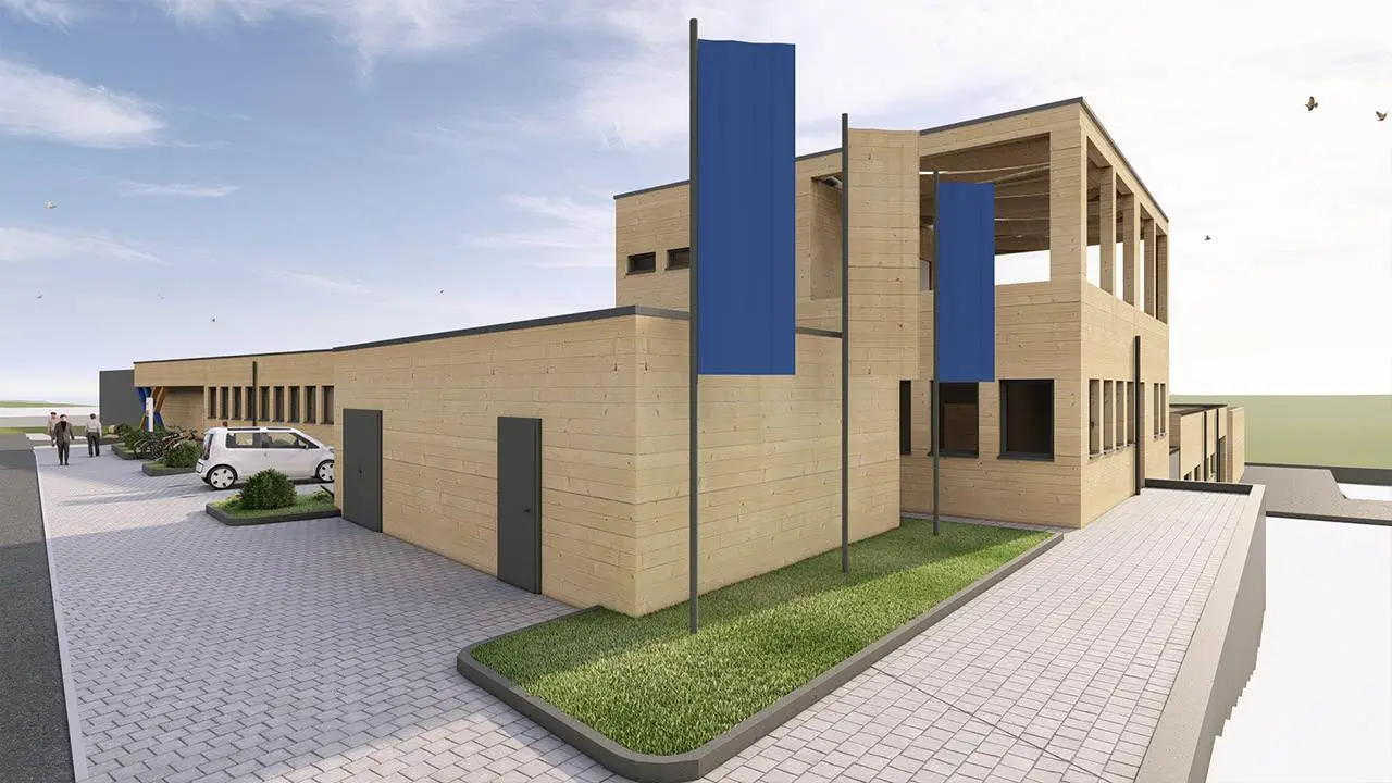 3D-Rendering eines Betriebshof mit Holzfassade eines Energieversorgers aus der Frontalansicht rechts unten.
