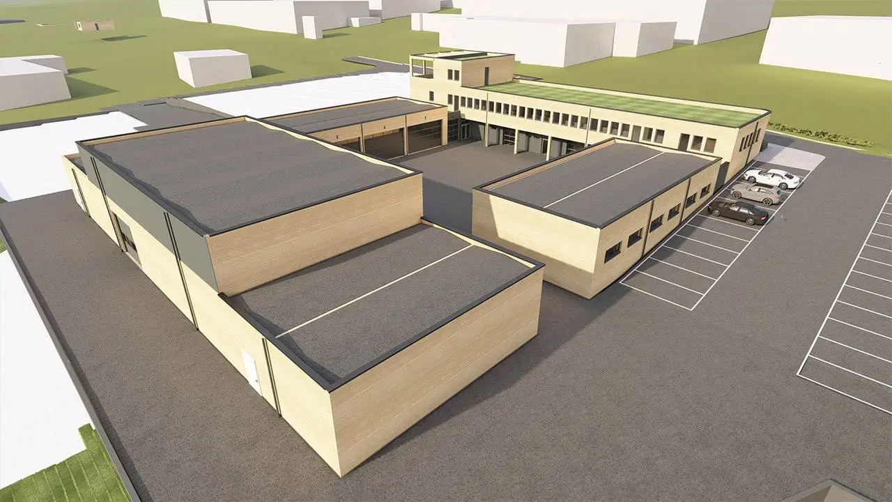3D-Rendering eines Betriebshof mit Holzfassade eines Energieversorgers aus der Drohnenansicht.