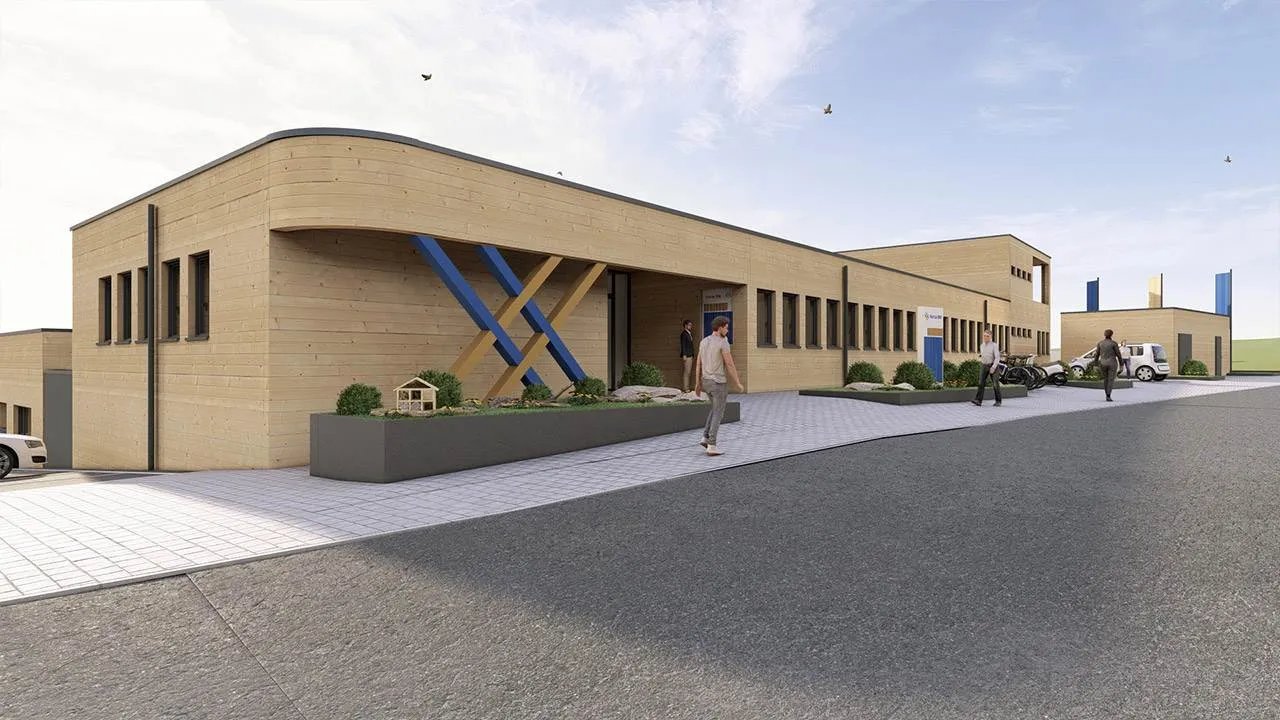 3D-Rendering eines Betriebshof mit Holzfassade eines Energieversorgers aus der Frontalansicht links unten.