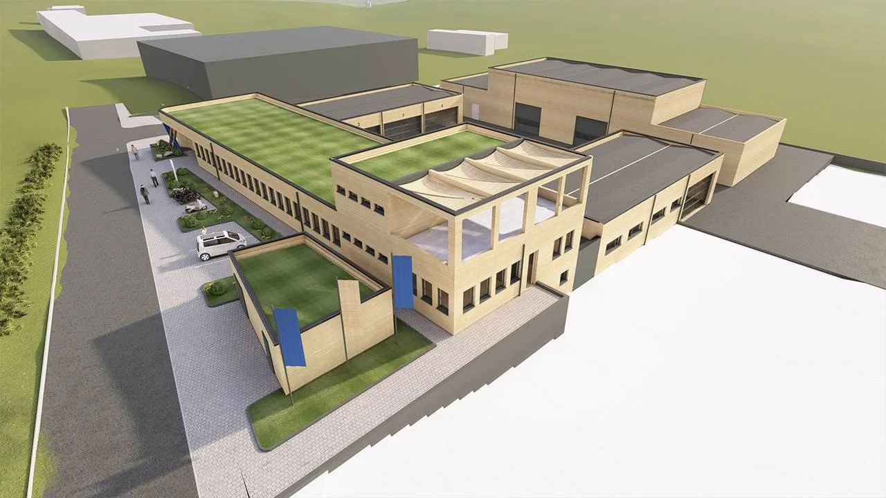 3D-Rendering eines Betriebshof mit Holzfassade eines Energieversorgers aus der Drohnenansicht.