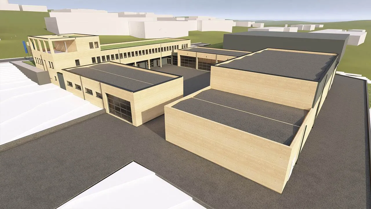 3D-Rendering eines Innenhofes von einem Betriebshof eines Energieversorgers aus der Drohnenansicht.