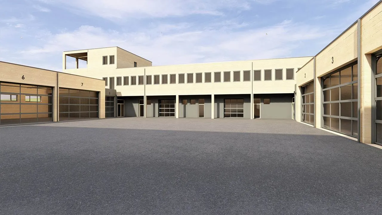 3D-Rendering eines Innenhofes von einem Betriebshof eines Energieversorgers.