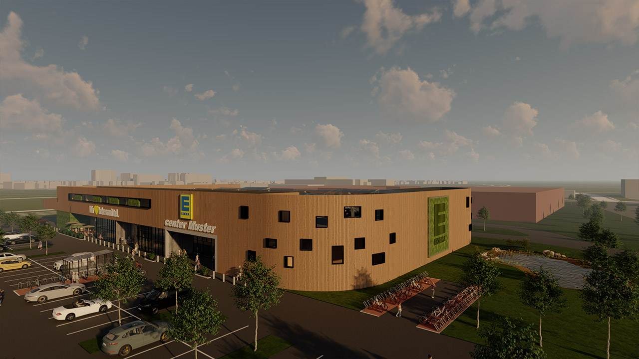 Rendering der Außenansicht eines EDEKA Supermarkts mit moderner Holzfassade.
