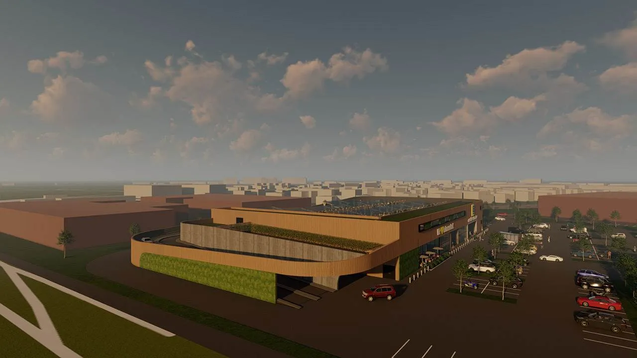 Rendering der Außenansicht eines EDEKA Supermarkts mit moderner Holzfassade.