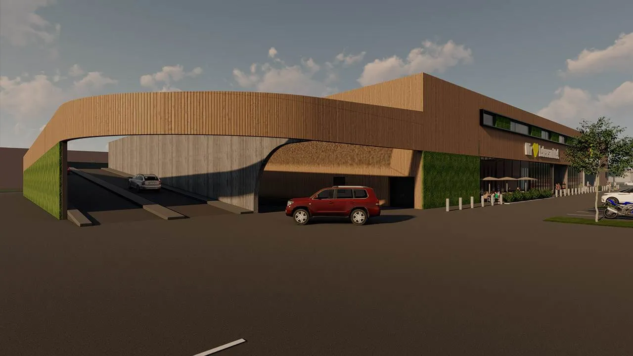 Rendering der Außenansicht eines EDEKA Supermarkts mit moderner Holzfassade.