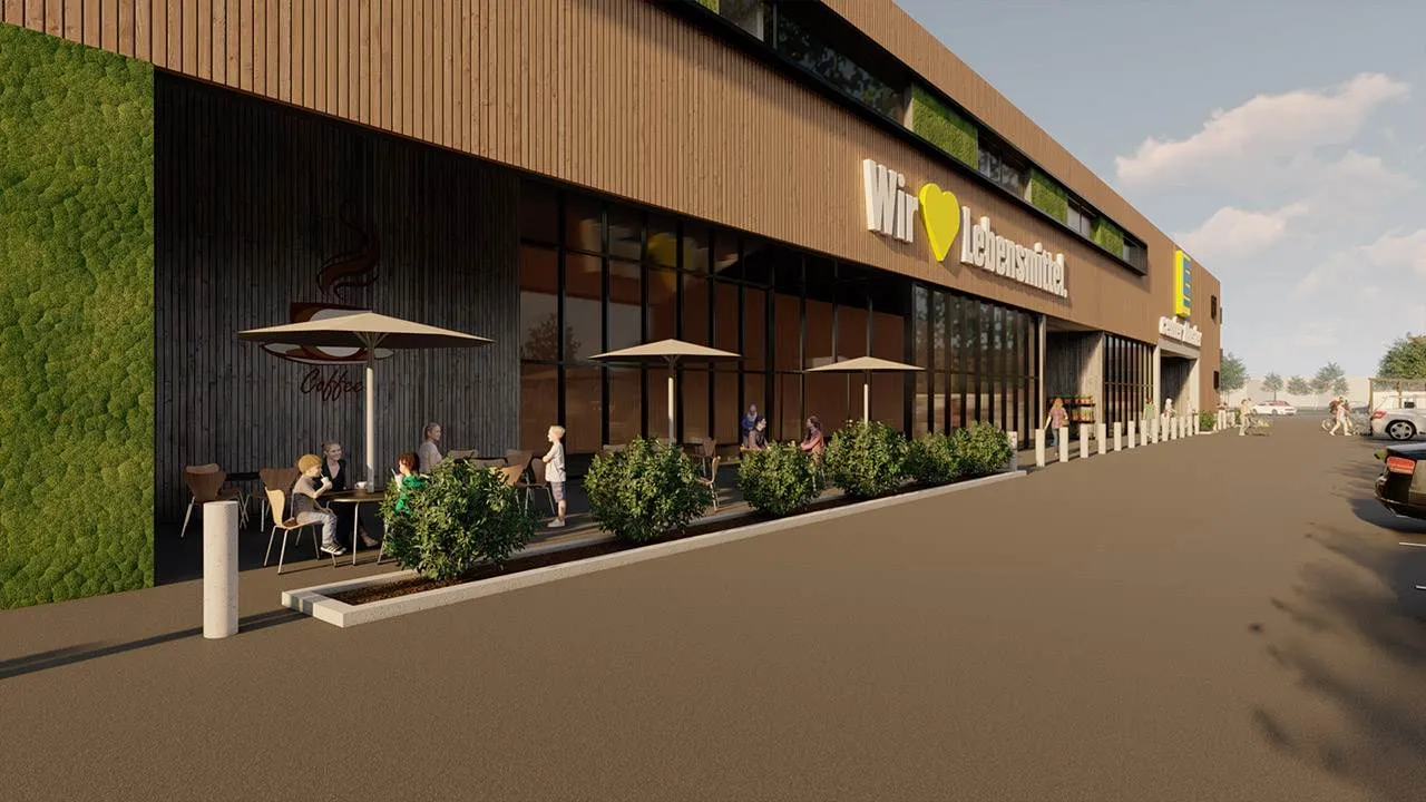 Rendering der Außenansicht eines EDEKA Supermarkts mit moderner Holzfassade.