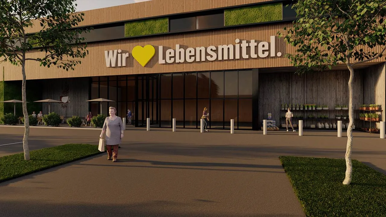 Rendering der Außenansicht eines EDEKA Supermarkts mit moderner Holzfassade.
