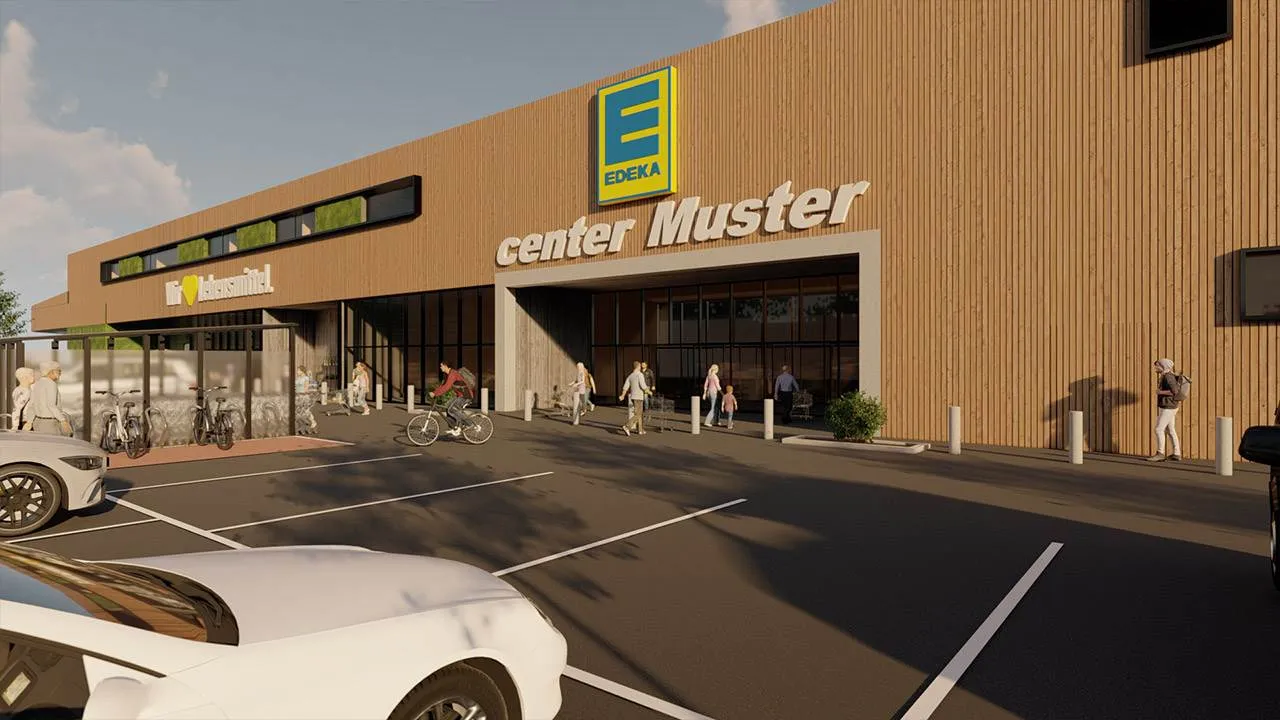 Rendering der Außenansicht eines EDEKA Supermarkts mit moderner Holzfassade.