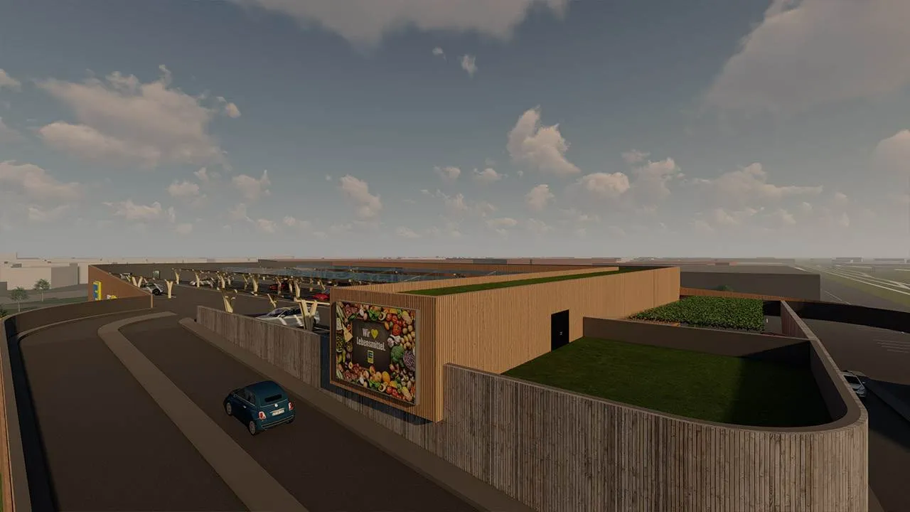 Rendering der Außenansicht eines EDEKA Supermarkts mit moderner Holzfassade.