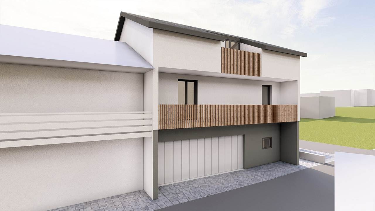 3D-Rendering eines Modernen Einfamilienhauses. Ansicht Fassade schräg links mit Holzgeländer und Garage.