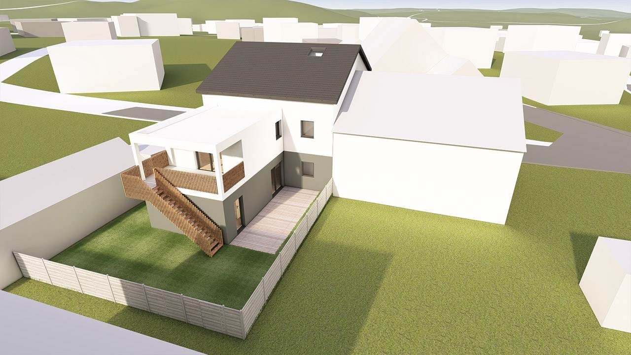3D-Rendering eines Modernen Einfamilienhauses. Drohnen-Ansicht Garten und Terrasse mit Holzgeländer und Treppe.