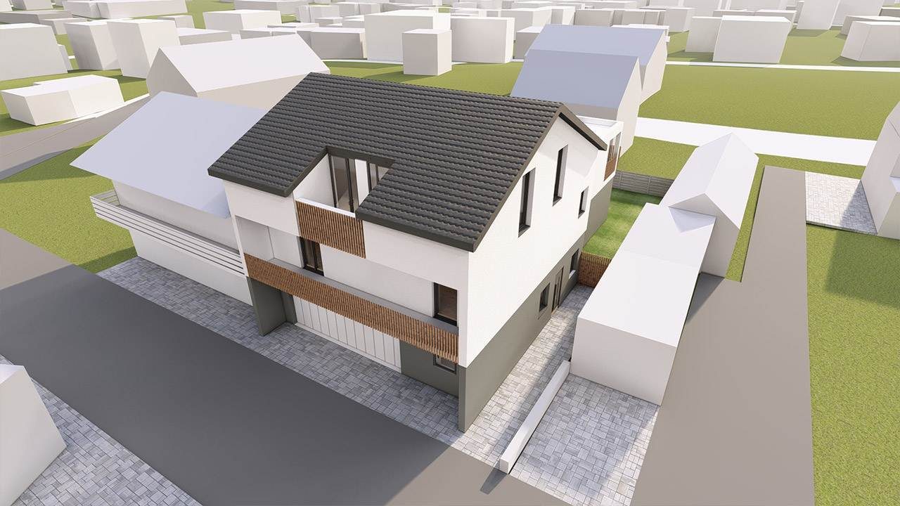 3D-Rendering eines Modernen Einfamilienhauses. Drohnen-Ansicht Fassade frontal mit Holzgeländer und Garage.