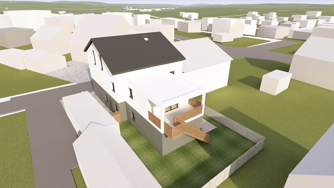 3D-Rendering eines Modernen Einfamilienhauses. Drohnen-Ansicht Garten und Terrasse mit Holzgeländer und Treppe.