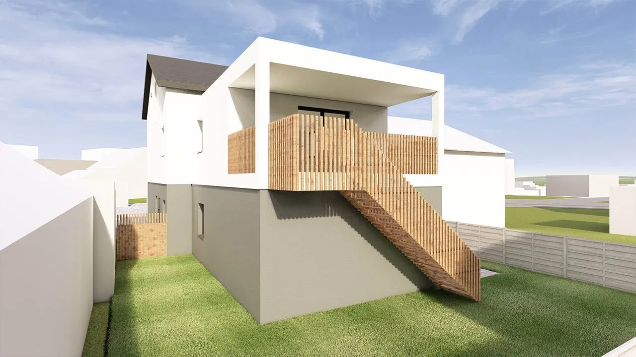 3D-Rendering eines Modernen Einfamilienhauses. Ansicht Garten und Terrasse mit Holzgeländer und Treppe von Nahem.