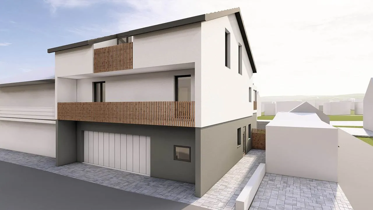 3D-Rendering eines Modernen Einfamilienhauses. Ansicht Fassade frontal mit Holzgeländer und Garage.
