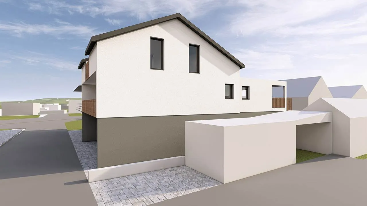 3D-Rendering eines Modernen Einfamilienhauses. Ansicht Fassade außen seitlich.