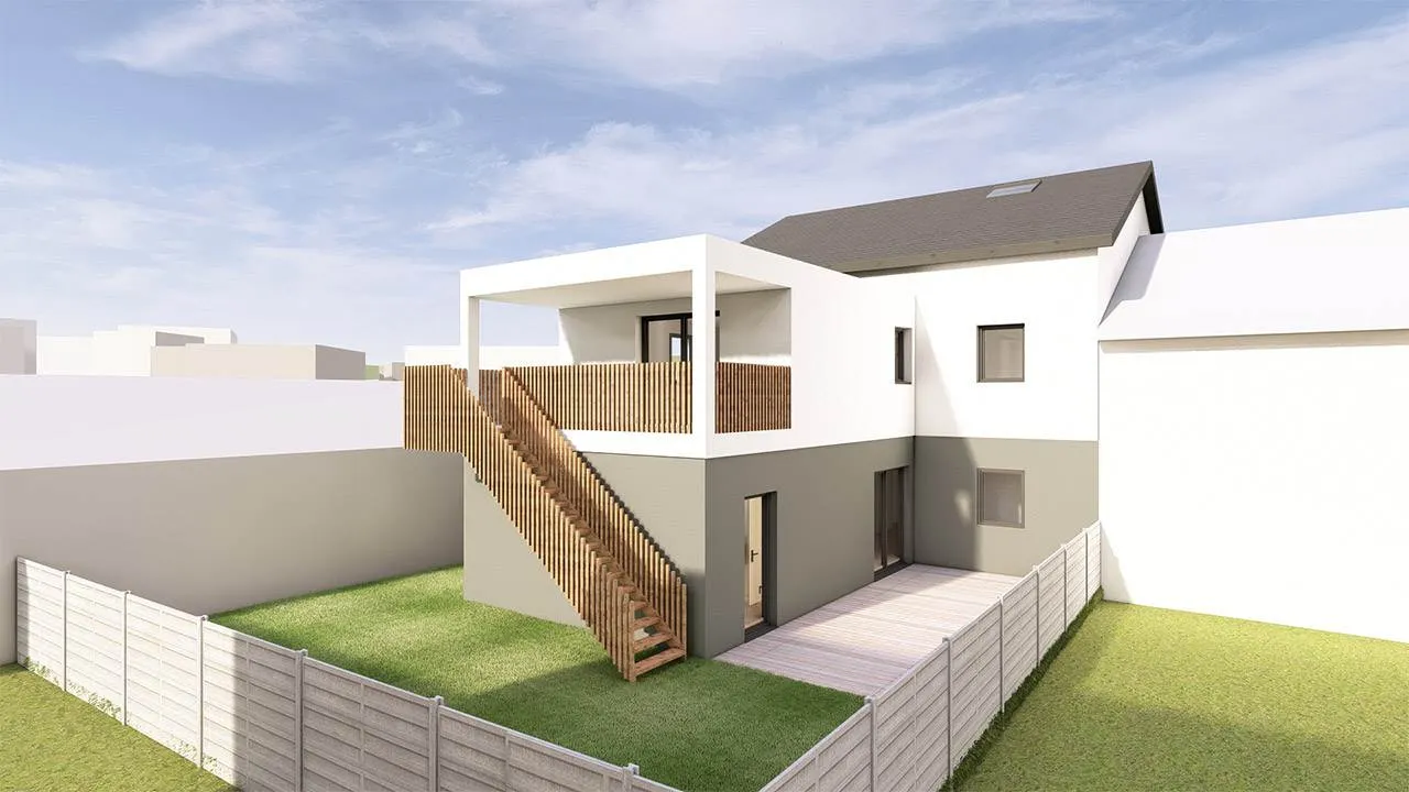 3D-Rendering eines Modernen Einfamilienhauses. Ansicht Garten und Terrasse mit Holzgeländer und Treppe.