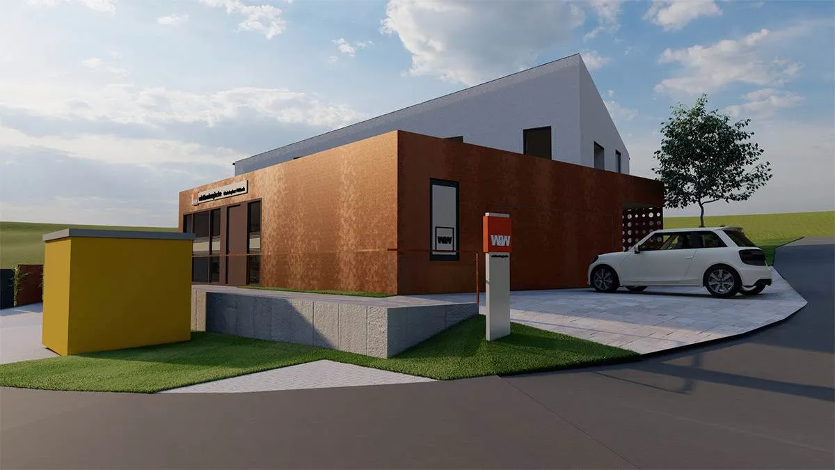 Rendering der Außenansicht eines mordernen Einfamilienhauses mit Büro im Erdgeschoss.