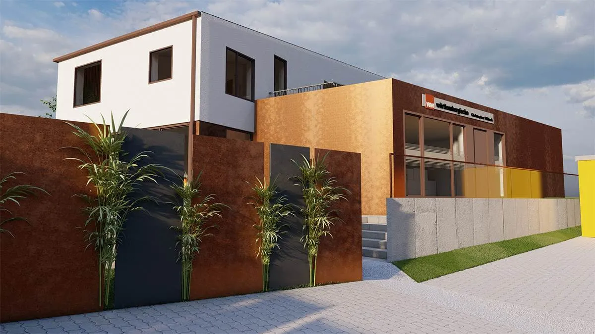 Rendering der Außenansicht eines mordernen Einfamilienhauses mit Büro im Erdgeschoss.